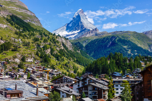 Beautiful view of old village with Matterhorn peak background in Zermatt, Switzerland