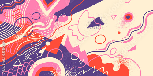 Artistic background in abstract style, made of various fluid hand drawn shapes in color. Vector illustration.