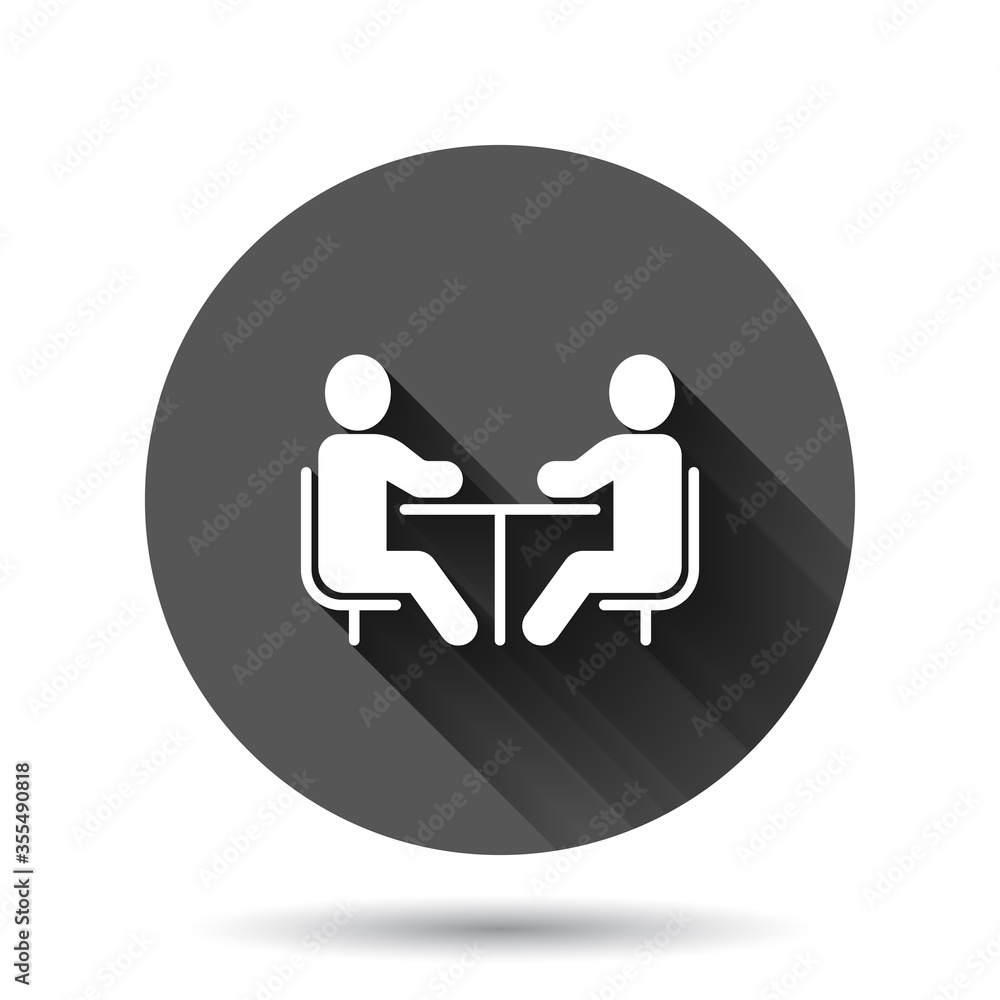 People with table icon in flat style. Teamwork conference vector illustration on black round background with long shadow effect. Speaker dialog circle button business concept. People with table icon in flat style. Teamwork conference vector illustration on black round background with long shadow effect. Speaker dialog circle button business concept.