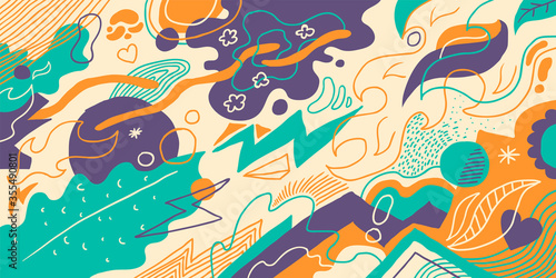 Abstract retro illustration in colorful hand drawn style. Vector illustration.