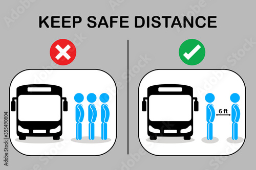 Social distancing with many people on queue line in bus station. Passenger waiting bus stop. City community transport vector concept illustration with diverse commuters standing together.Distance icon