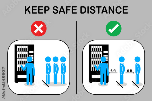 New normal and Social distancing.Japan vending machines in Tokyo.People buying drinks.Man or women tourist choosing a snack or drink  keep distance queue and waiting at vending machine.Sign and symbol