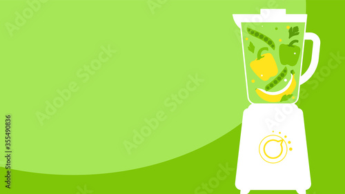 Green and yellow vegetables in a blender. Food processor, mixer, blender and smoothie juice. Vector illustration on green background with copy space.