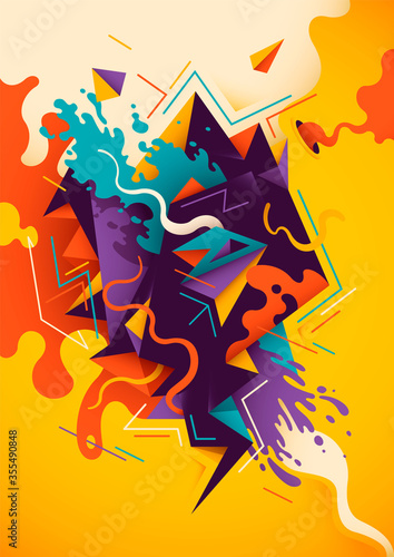 Artistic illustration with abstract composition, made of various splattered and geometric shapes in intense colors. Vector illustration.