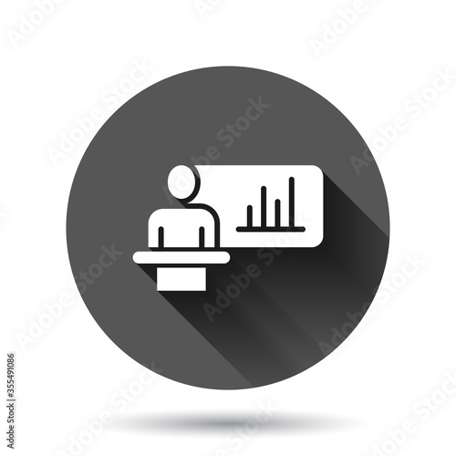 People on podium icon in flat style. Speaker vector illustration on black round background with long shadow effect. Audience orator circle button business concept.