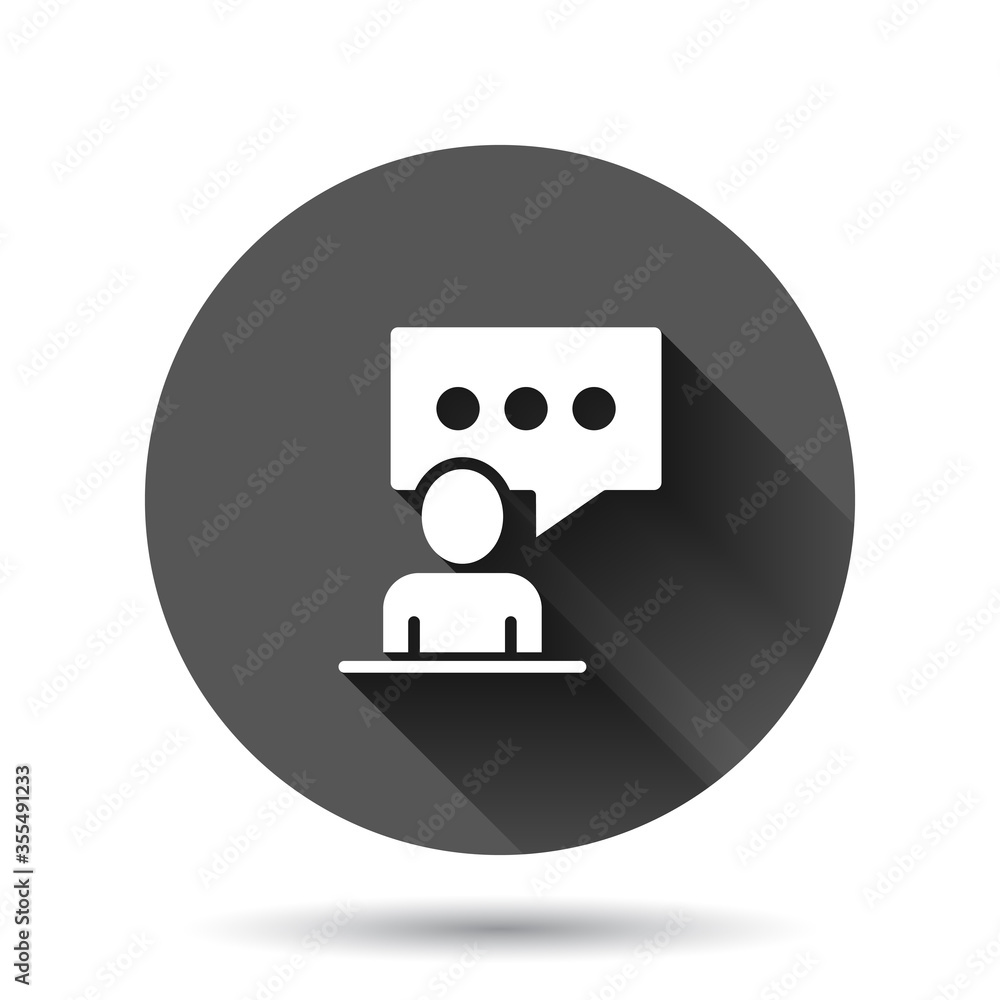 People with speech bubble icon in flat style. Chat vector illustration on black round background with long shadow effect. Speaker dialog circle button business concept. People with speech bubble icon in flat style. Chat vector illustration on black round background with long shadow effect. Speaker dialog circle button business concept.