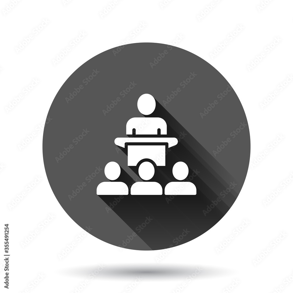 People on podium icon in flat style. Speaker vector illustration on black round background with long shadow effect. Audience orator circle button business concept. People on podium icon in flat style. Speaker vector illustration on black round background with long shadow effect. Audience orator circle button business concept.