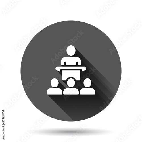 People on podium icon in flat style. Speaker vector illustration on black round background with long shadow effect. Audience orator circle button business concept.