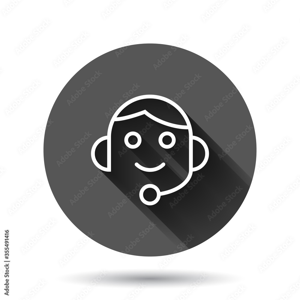 Helpdesk icon in flat style. Headphone vector illustration on black round background with long shadow effect. Chat operator circle button business concept. Helpdesk icon in flat style. Headphone vector illustration on black round background with long shadow effect. Chat operator circle button business concept.