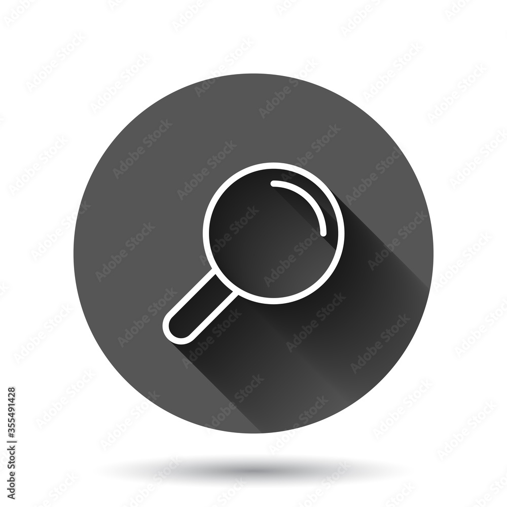 Loupe sign icon in flat style. Magnifier vector illustration on black round background with long shadow effect. Search circle button business concept. Loupe sign icon in flat style. Magnifier vector illustration on black round background with long shadow effect. Search circle button business concept.