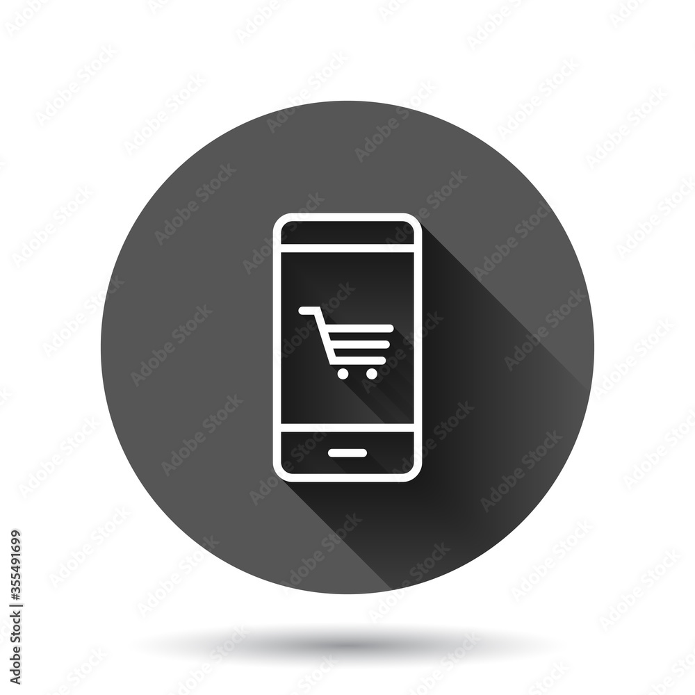 Online shopping icon in flat style. Smartphone store vector illustration on black round background with long shadow effect. Market circle button business concept. Online shopping icon in flat style. Smartphone store vector illustration on black round background with long shadow effect. Market circle button business concept.