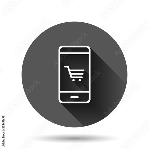 Online shopping icon in flat style. Smartphone store vector illustration on black round background with long shadow effect. Market circle button business concept.