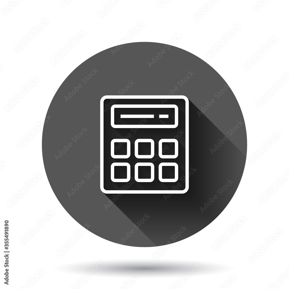 Calculator icon in flat style. Calculate vector illustration on black round background with long shadow effect. Calculation circle button business concept. Calculator icon in flat style. Calculate vector illustration on black round background with long shadow effect. Calculation circle button business concept.