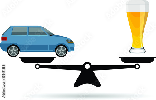drive or drink concept, car and beer glass on scales, vector illustration
