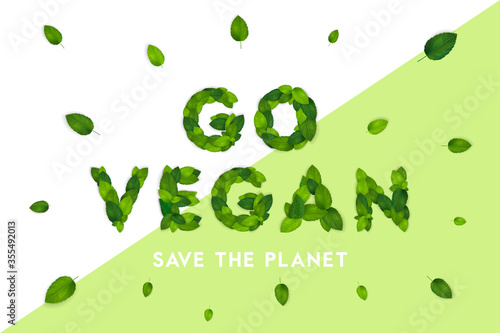 Ecology theme Go vegan flyer template with lettering. Bright fresh green leaves concept. Poster, card, label, banner design. Stylish realistic background. 3d Vector illustration EPS10