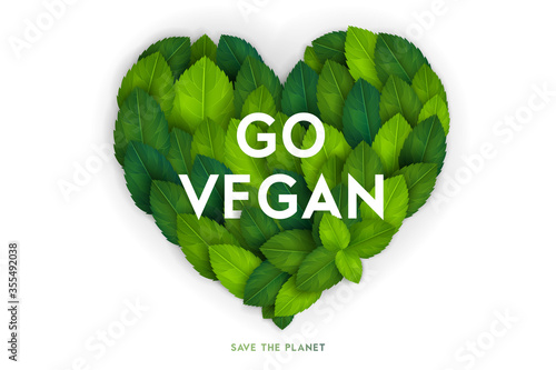 Ecology theme go vegan flyer template with heart shape bright fresh green leaves lettering concept on white background. Poster, card, banner stylish design. Vector illustration EPS10