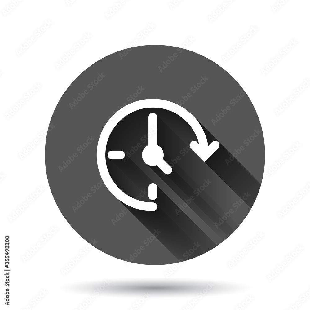 Clock icon in flat style. Watch vector illustration on black round background with long shadow effect. Timer circle button business concept. Clock icon in flat style. Watch vector illustration on black round background with long shadow effect. Timer circle button business concept.