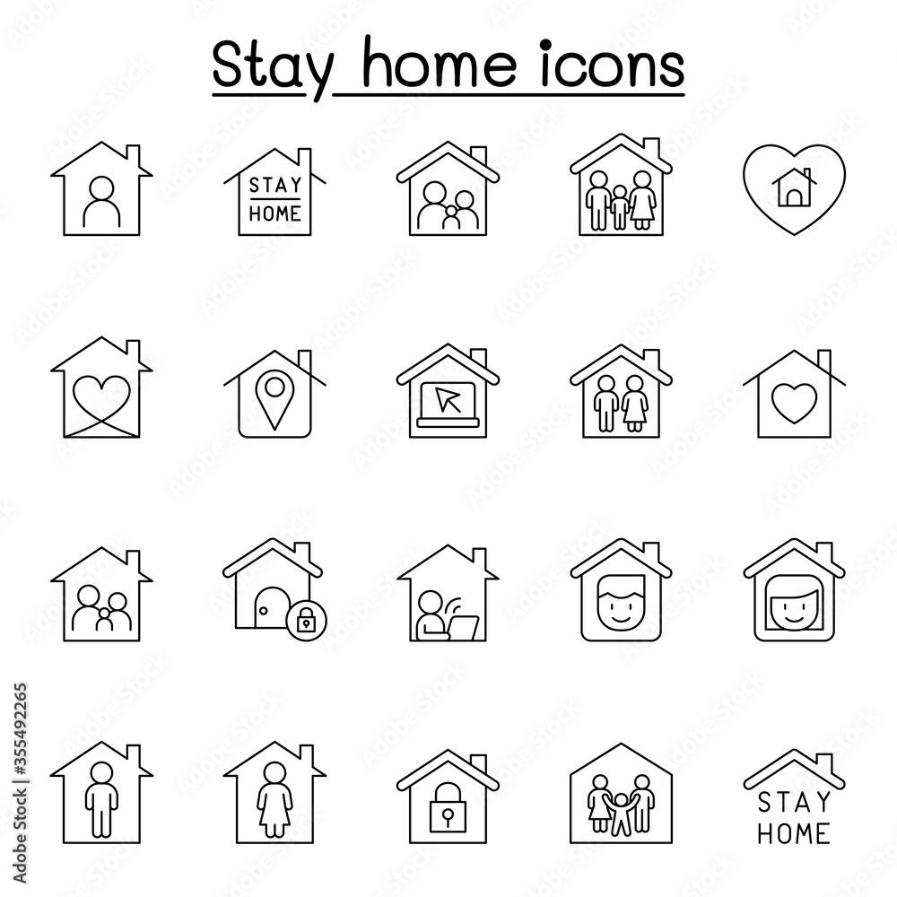 Stay home icons set in thin line style