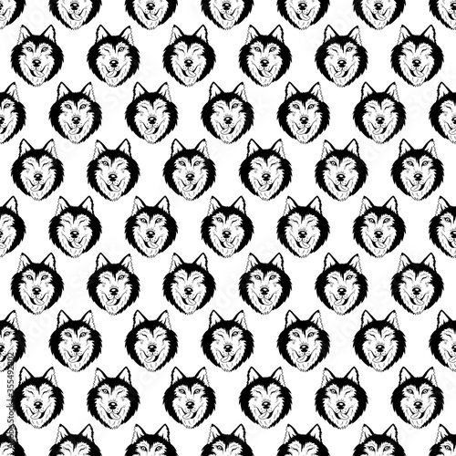 Siberian Husky or wolf seamless pattern. Black and white. Colored page background 