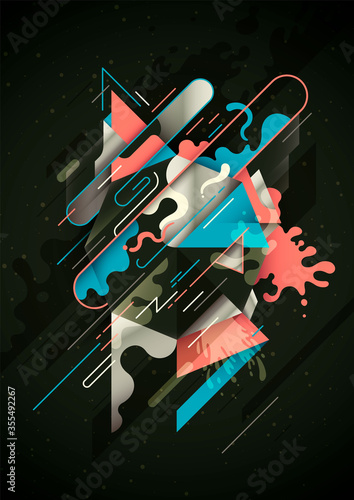 Futuristic style illustration with abstract composition, made of various splattered and geometric shapes in colors. Vector illustration.