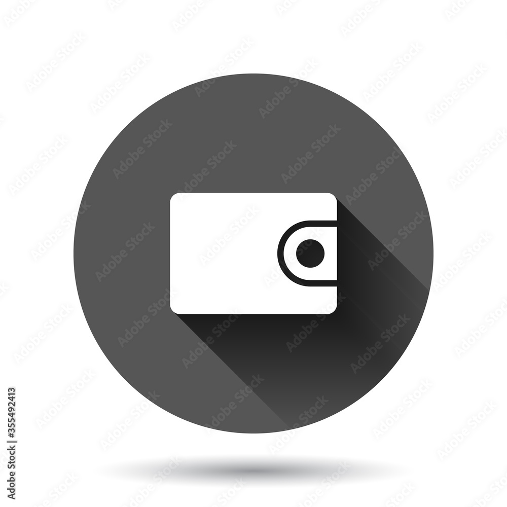 Wallet icon in flat style. Purse vector illustration on black round background with long shadow effect. Finance bag circle button business concept. Wallet icon in flat style. Purse vector illustration on black round background with long shadow effect. Finance bag circle button business concept.