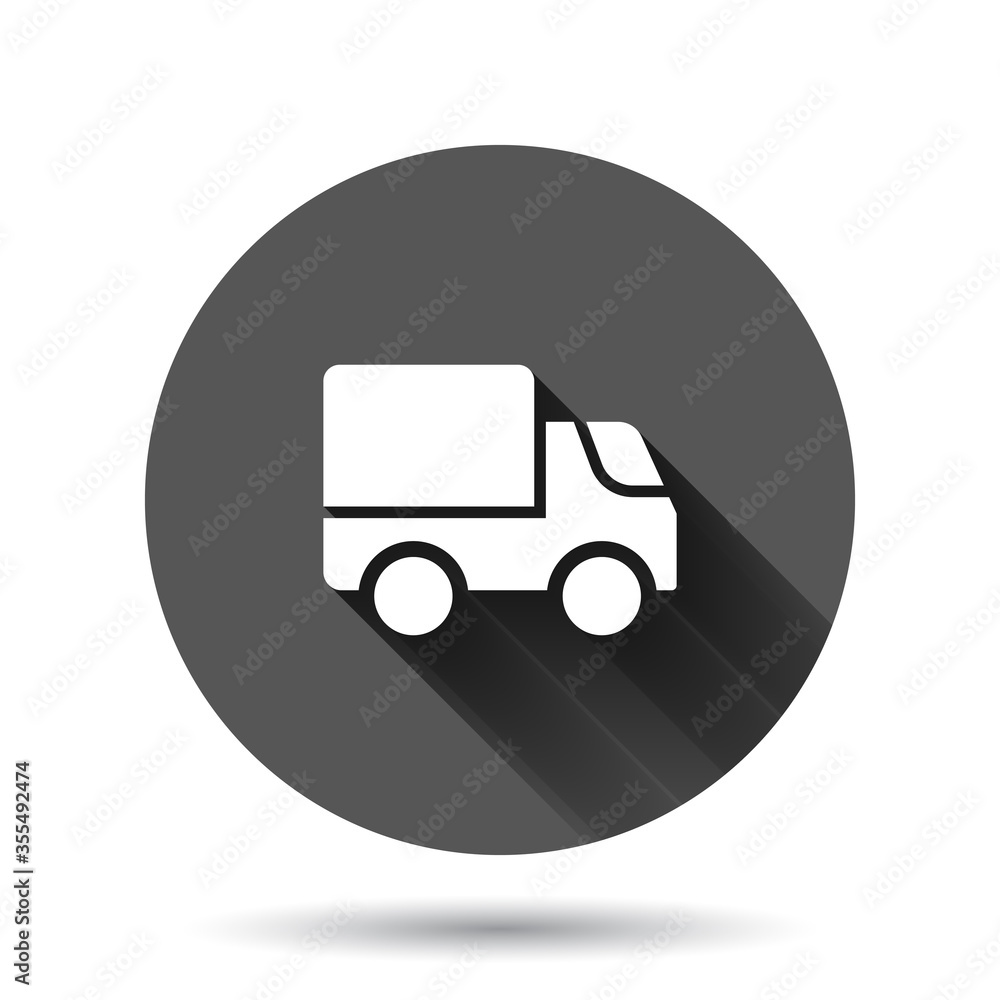 Delivery truck icon in flat style. Van vector illustration on black round background with long shadow effect. Cargo car circle button business concept. Delivery truck icon in flat style. Van vector illustration on black round background with long shadow effect. Cargo car circle button business concept.