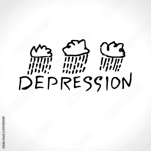 Depression vector logo. Mental health conceptual sketch illustration with thunderclouds. 
