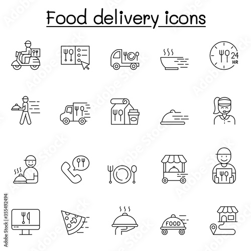 Food delivery icons set in thin line style