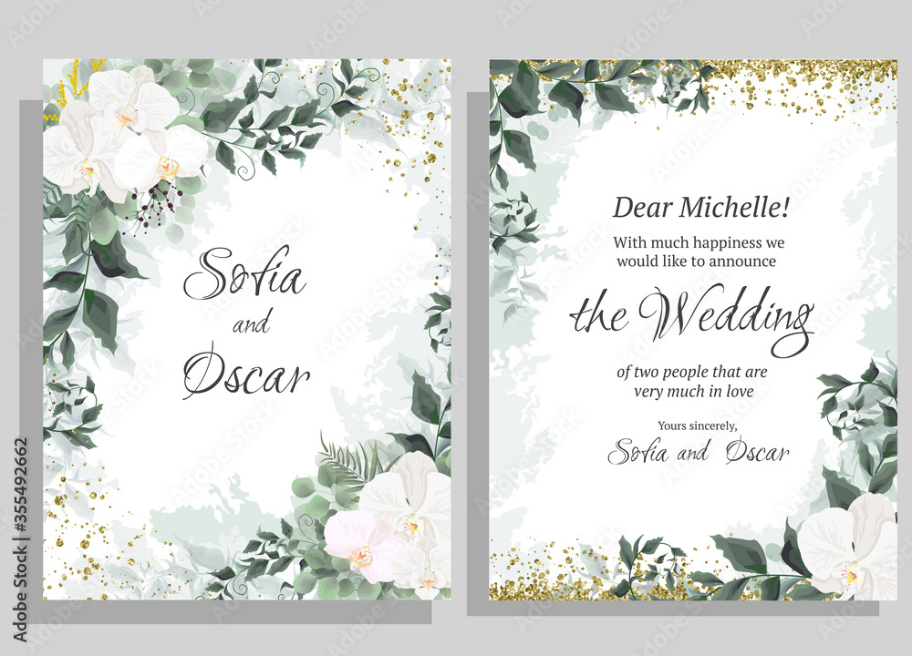 Vector floral template for wedding invitations. Orchid flowers, gold sparkles, green plants, leaves. All elements are isolated.