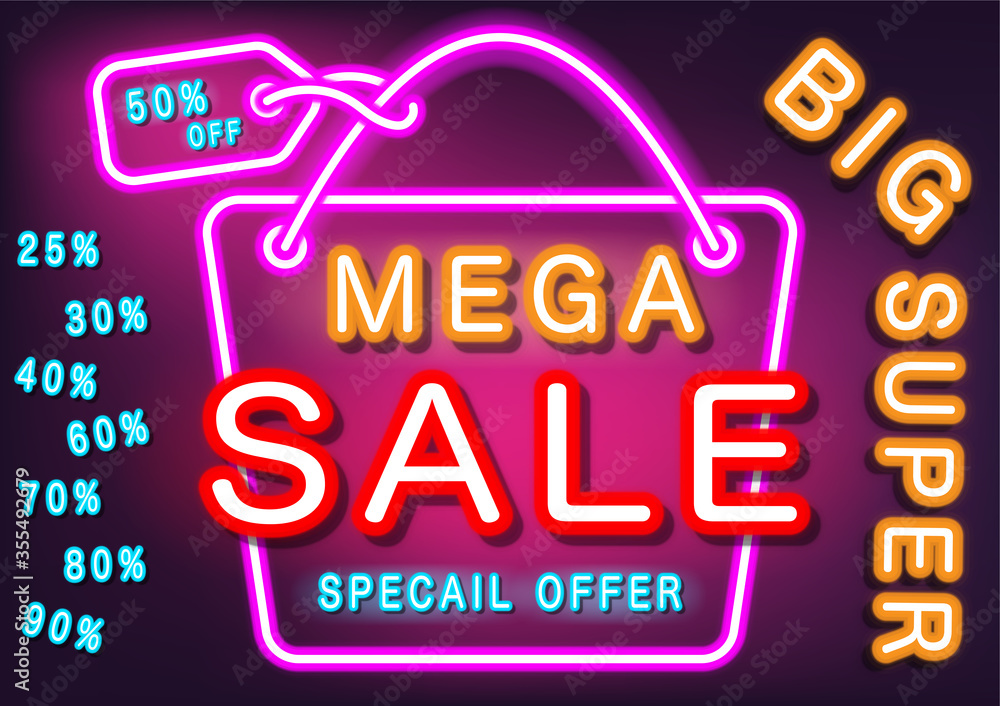 Glow neon font with purple background to discount offering advertisement banner shop. Mega or big sale text to super promotion on fashion business marketing. 3d sign vector as a template website.