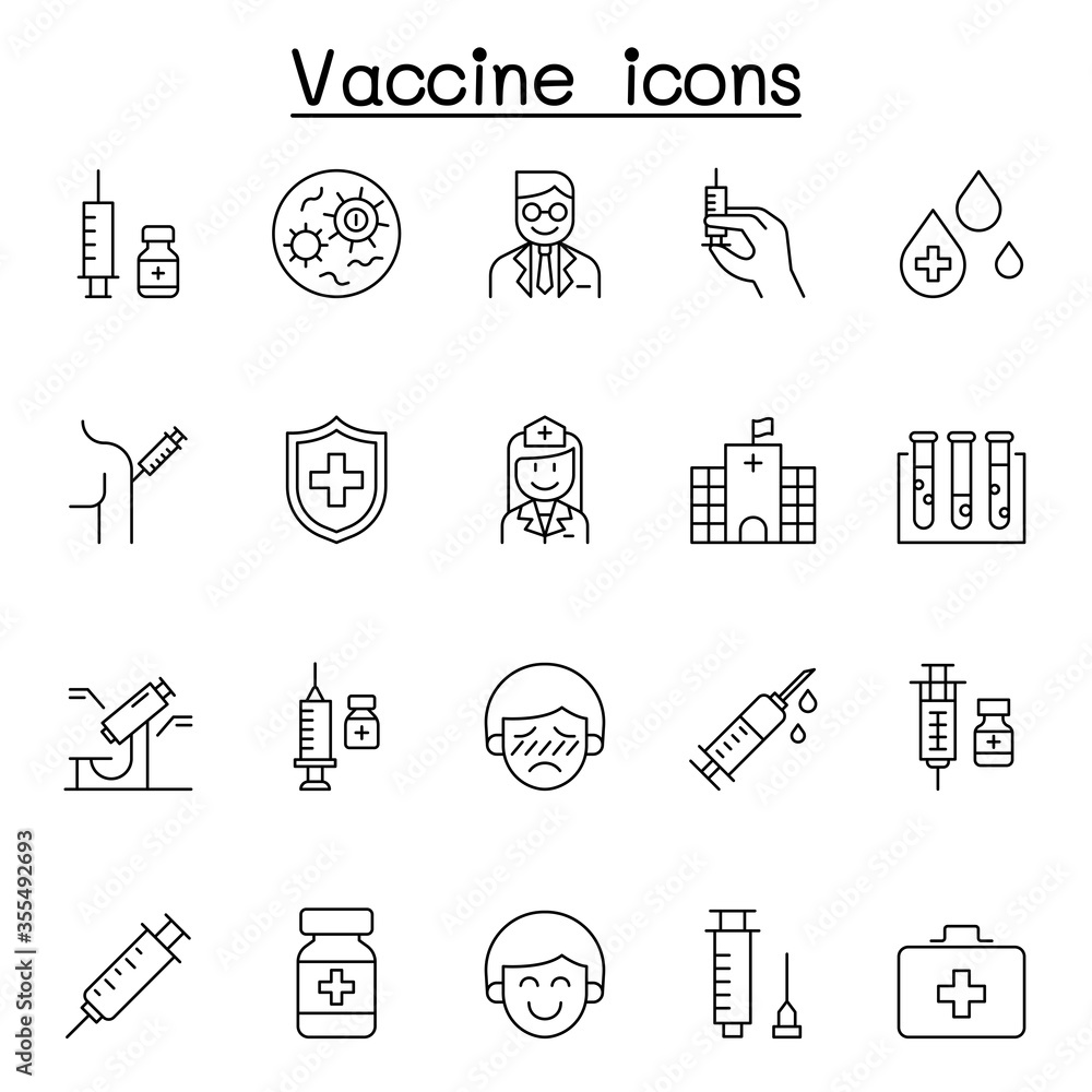 Vaccine icons set in thin line style Vaccine icons set in thin line style