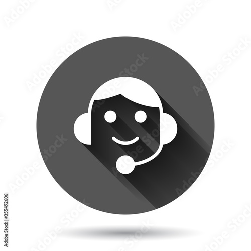 Helpdesk icon in flat style. Headphone vector illustration on black round background with long shadow effect. Chat operator circle button business concept.