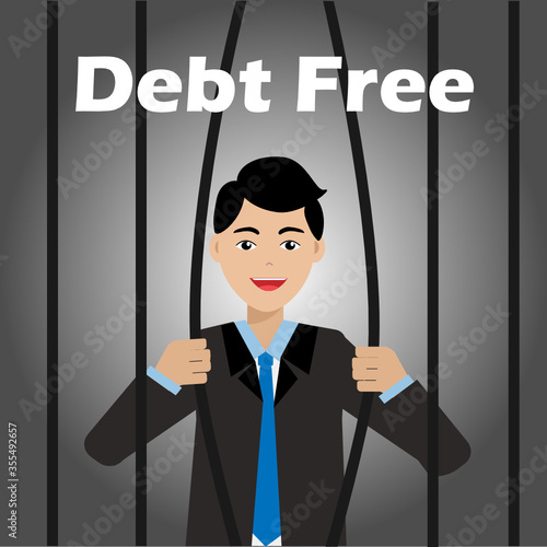Young smiling businessman bending prison bars by his hands, ready to escape from debt, with wording "Dept Free", Vector Illustration.