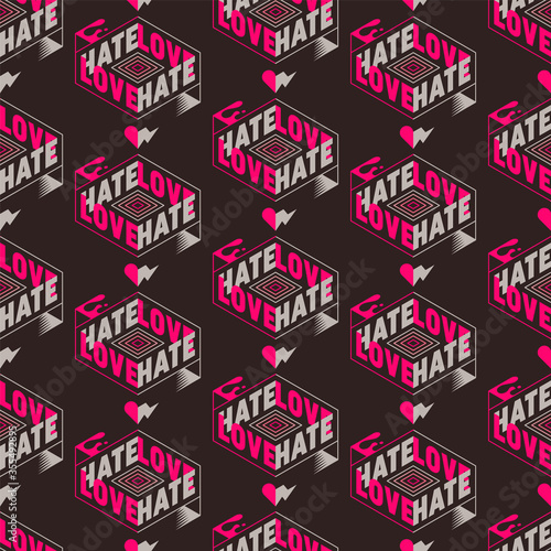 Isometric style "love - hate" seamless pattern in retro design. Vector illustration.