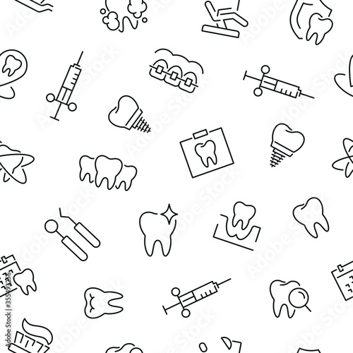 Seamless pattern with dental. Black and white thin line icons