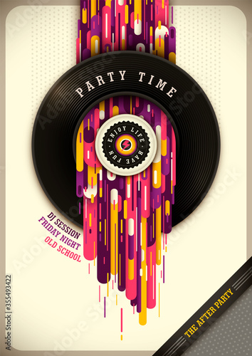 Modern party poster design, with vinyl and  colorful abstract composition. Vector illustration.