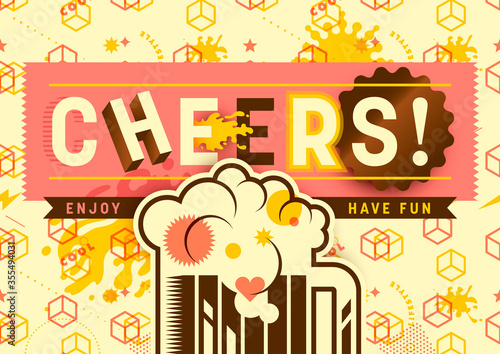 Modish style banner with typography, glass of beer and various graphic elements in colors. Vector illustration.
