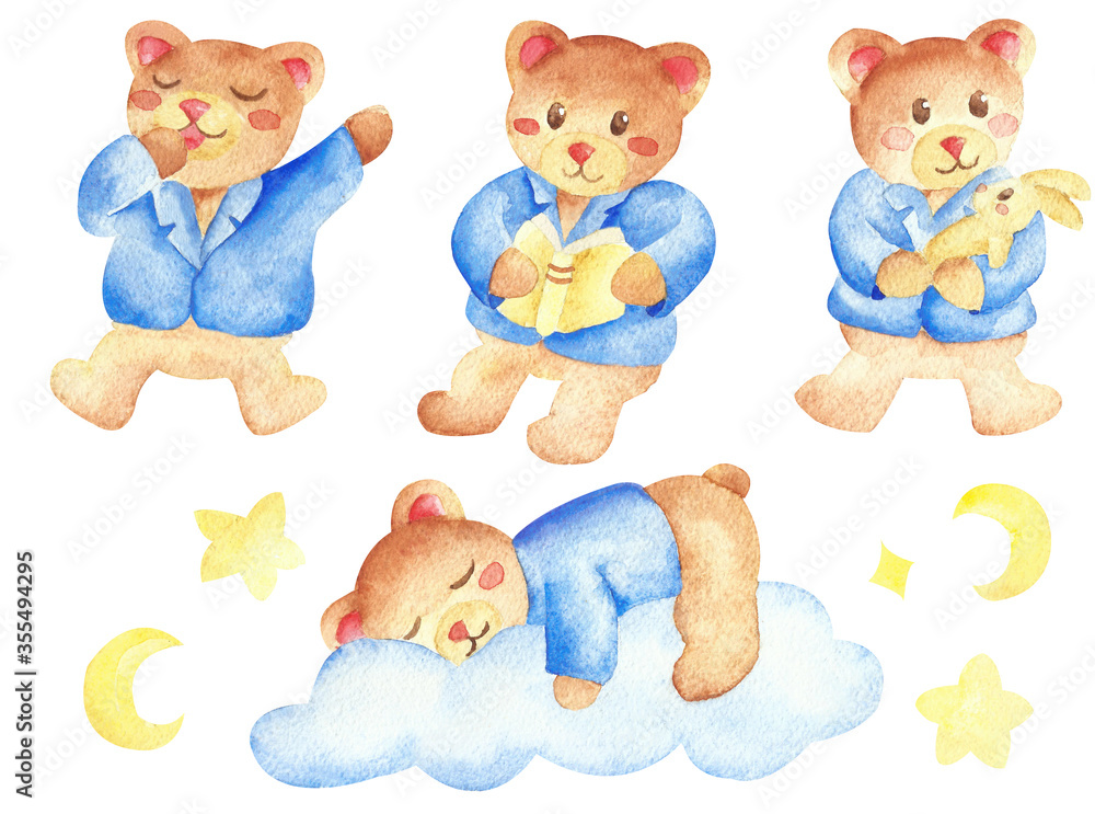 Set of cute dreaming cartoon bear in differt poses hand drawn ...