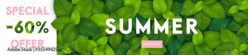 Bright summer background with 3d realistic green leaves and fun lettering, summer natural sale concept design for banners, wallpapers advertising, online shops, flyers, promotion Vector illustration