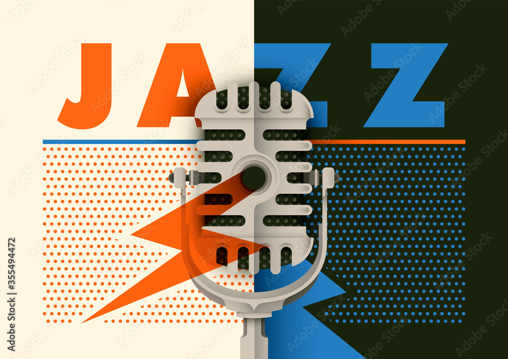 Retro jazz poster design with microphone and typography. Vector illustration.