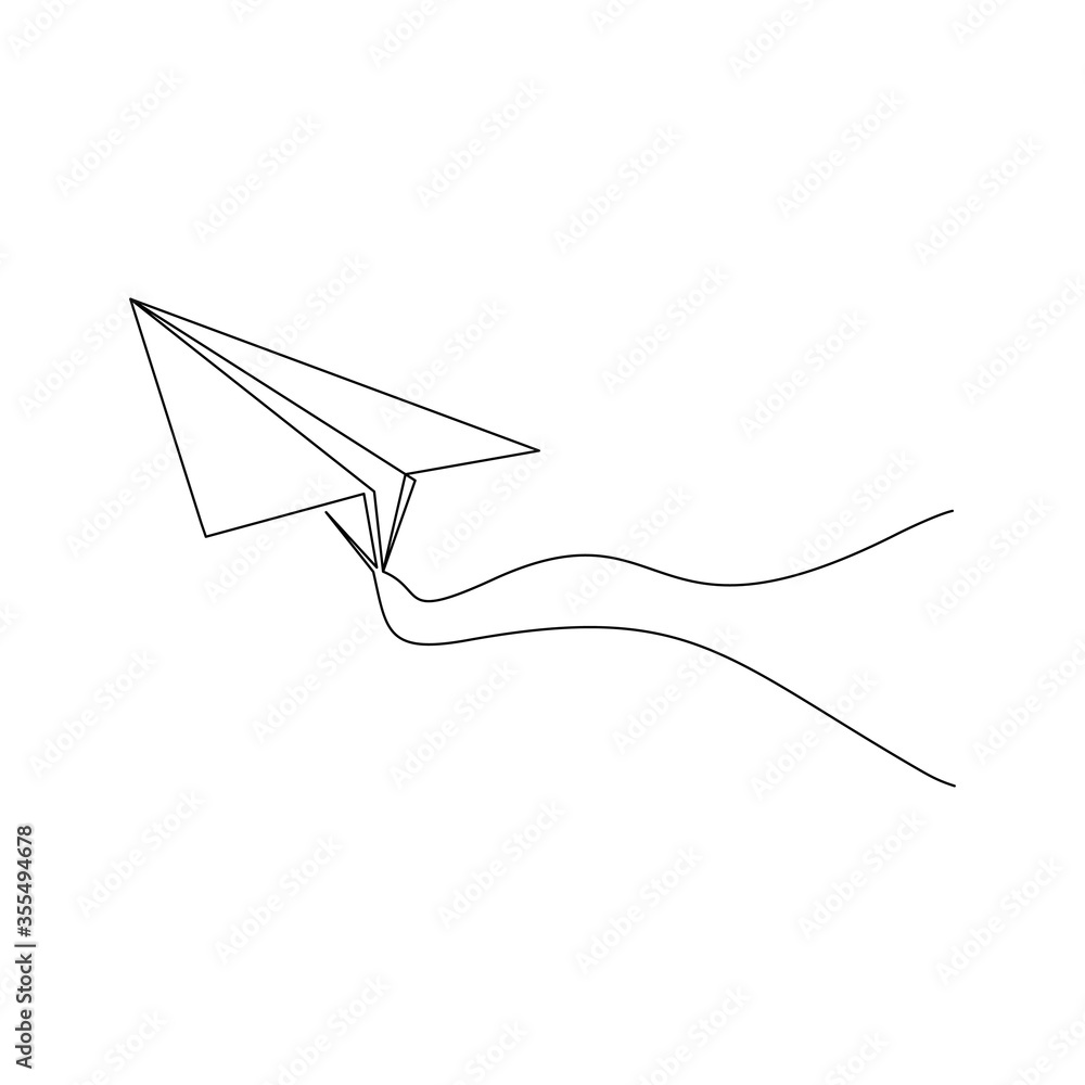 Continuous line drawing of flying paper airplane. Vector illustration