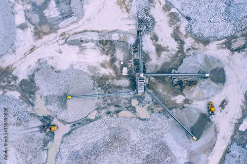 Open Pit Mine Top View. Aerial view of industrial mineral open pit mine. Opencast mining. Factory plant producing sand materials for construction industry.