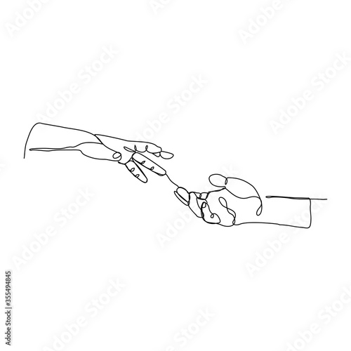 Continous line of hands offering help salvation. Vector illustration