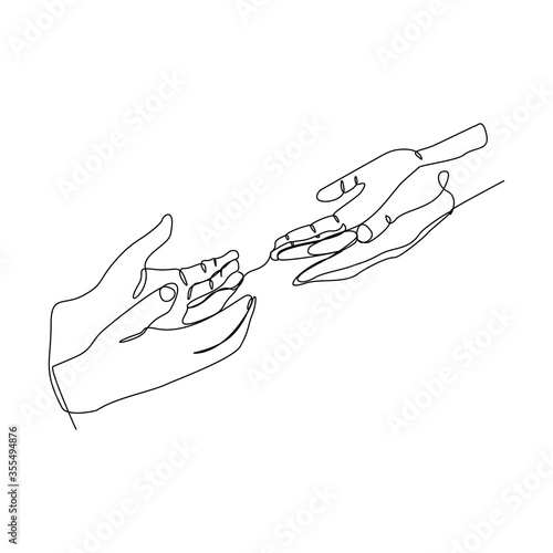 Continous line of hands offering help salvation. Vector illustration