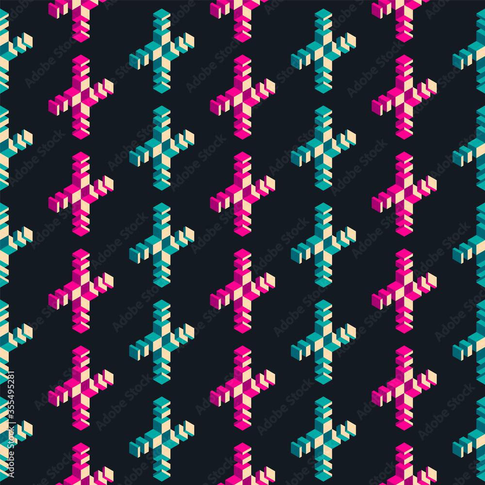 Seamless pattern design, made of simple isometric objects in pink and blue color. Vector illustration.