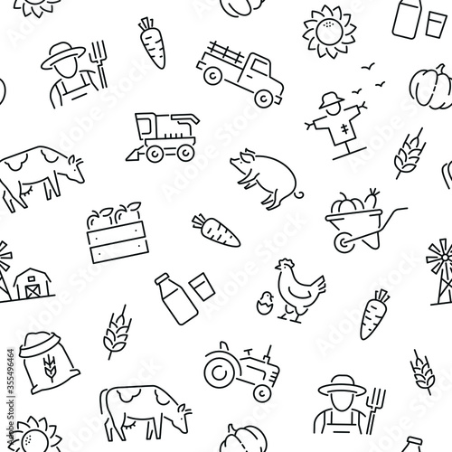 Seamless pattern with farming and agriculture. Black and white thin line icons