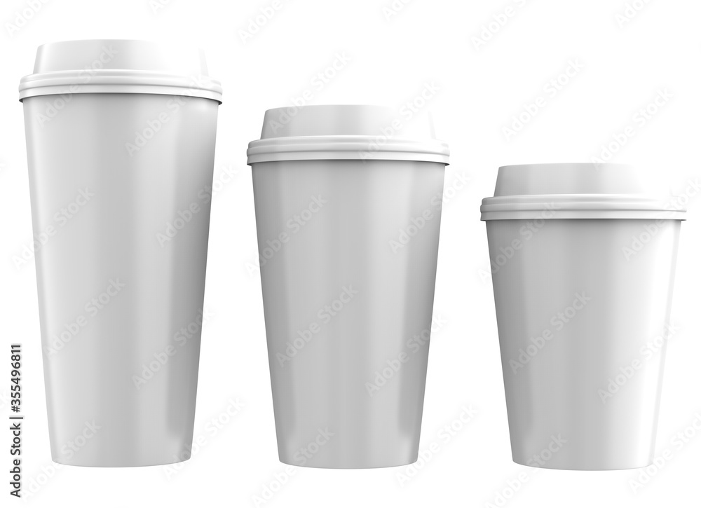 Set of realistic blank mock up paper cups with plastic lid. Coffee to go, take out mug. 3d illustration Set of realistic blank mock up paper cups with plastic lid. Coffee to go, take out mug. 3d illustration