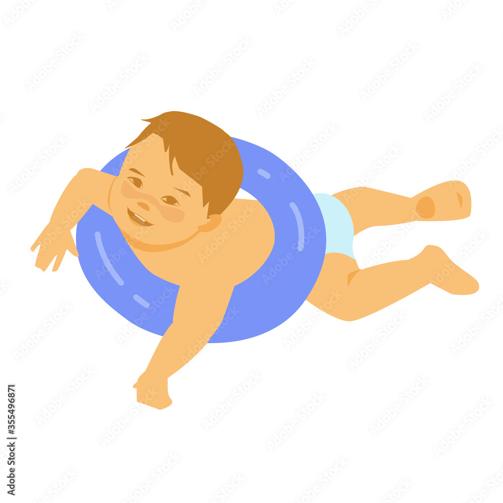 The kid swims with a blue rubber ring. Vector illustration. Isolated on a white background. Flat style. The kid swims with a blue rubber ring. Vector illustration. Isolated on a white background. Flat style.
