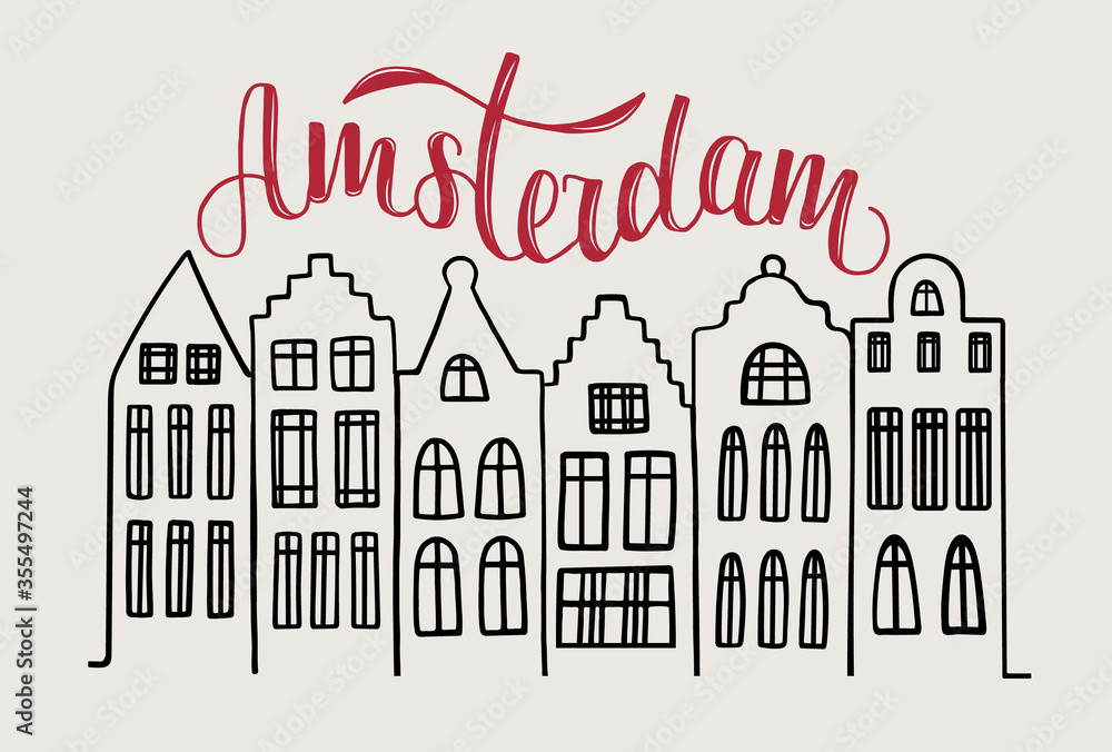 Vector illustration of word Amsterdam in red color with traditional flemish houses for souvenir products, icon or emblem, screensaver for site, article and advertising. Hand drawn lettering. 