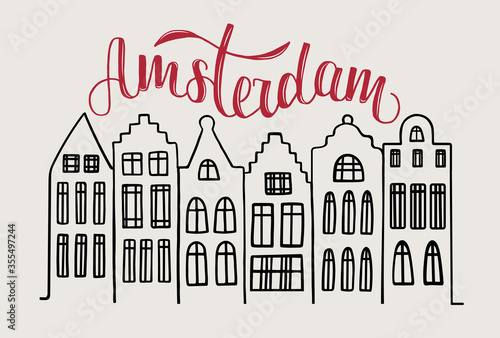 Fototapeta Vector illustration of word Amsterdam in red color with traditional flemish houses for souvenir products, icon or emblem, screensaver for site, article and advertising
